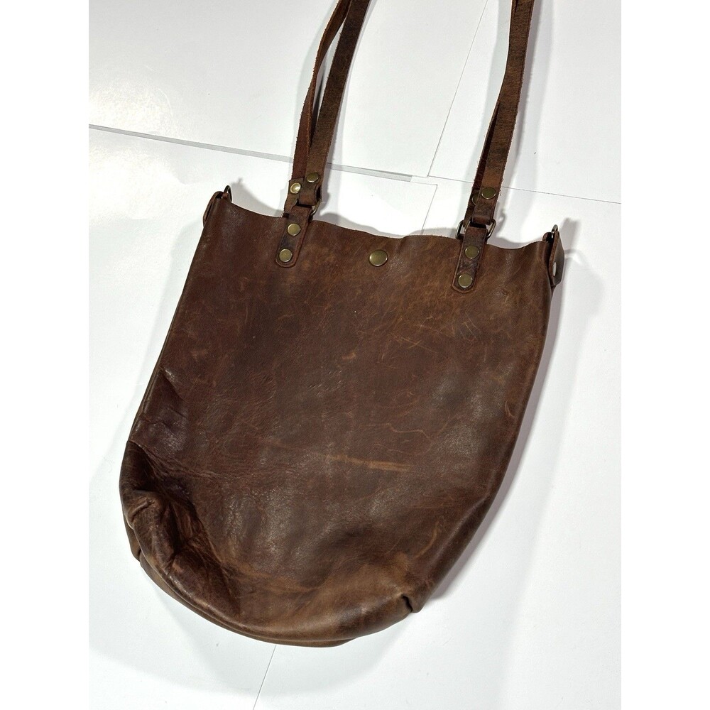 Vintage 90s Handmade Leather Small Tote Bag Hand Bag Brown Bourbon Made in USA - Picture 7 of 14